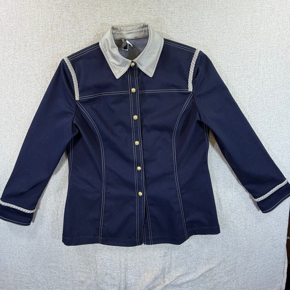 St John Sport Womens Large Blue Gray Denim Button Front Jacket Casual Minimalist